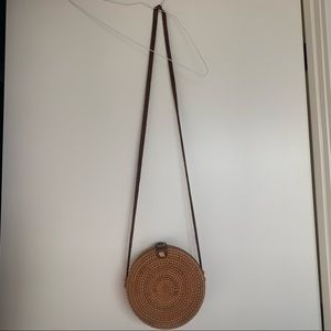 Handwoven Round Rattan Bag Shoulder Leather Straps